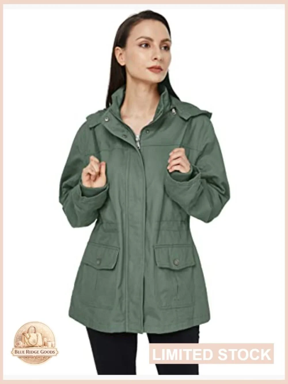 Women's Cotton Military Jacket Lightweight Anorak Coat with Hood Utility Pockets - Picture 2 of 7